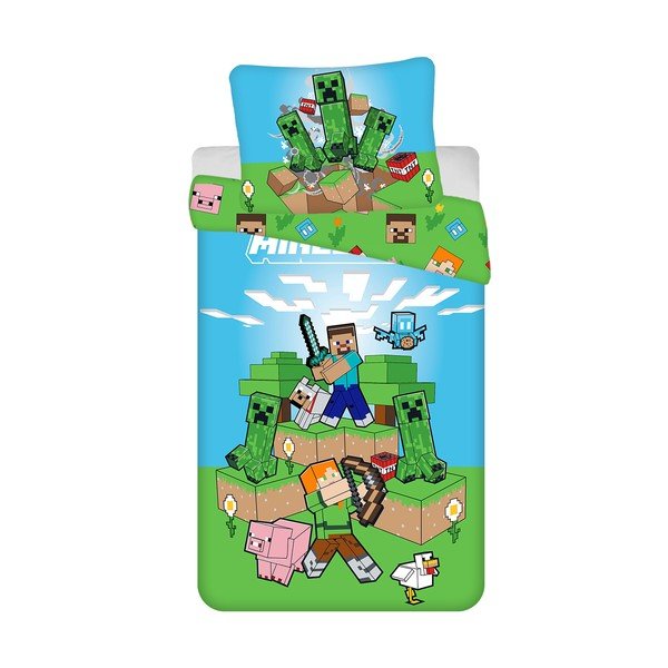 Zaļa/zila vienguļamā kokvilnas bērnu gultas veļa 140x200 cm Minecraft "Outdoor Mobs" – Jerry Fabrics