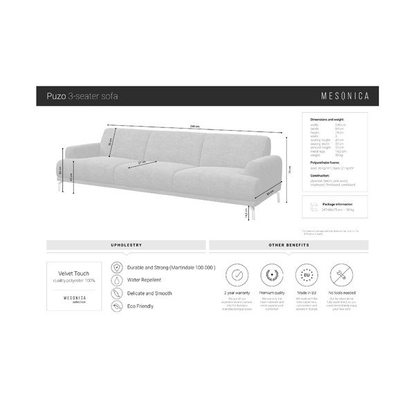 Zils samta dīvāns MESONICA Puzo, 240 cm-image-4