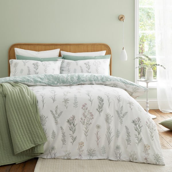Balta/zaļa vienguļamā kokvilnas gultas veļa 135x200 cm Wild Flowers – Bianca