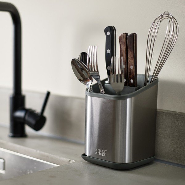 Spīdīgas sudraba krāsas nerūsējošā tērauda trauku žāvētājs galda piederumiem 11x11,5 cm Duo Steel – Joseph Joseph-image-1