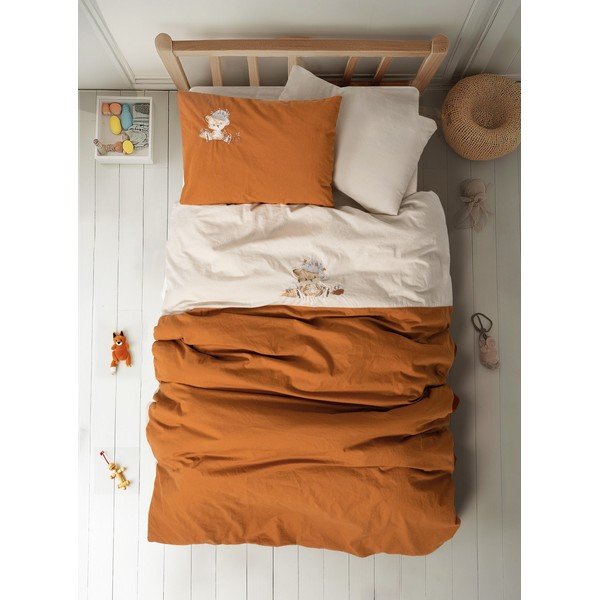 Oranža/bēša kokvilnas bērnu gultas veļa ar palagu 100x150 cm Clever – Mijolnir-image-1