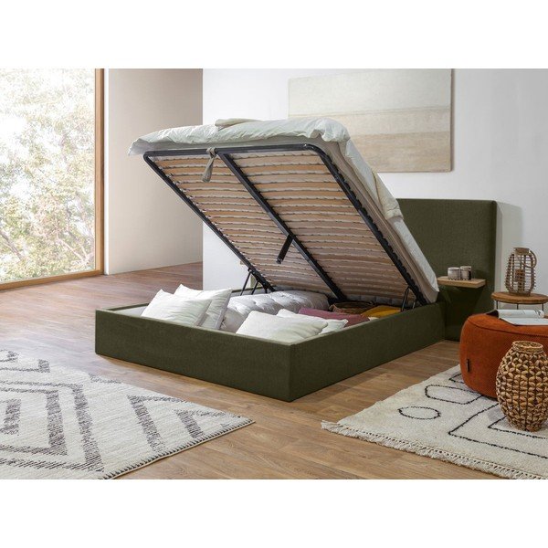 Tumši zaļa polsterēta divvietīga gulta ar veļas kasti ar redelēm 160x200 cm Blandine – Bobochic Paris-image-3