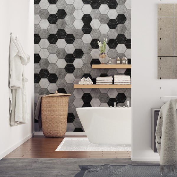 28 dekoratīvo sienas uzlīmju komplekts Ambiance Hexagons Marble, 10 x 9 cm