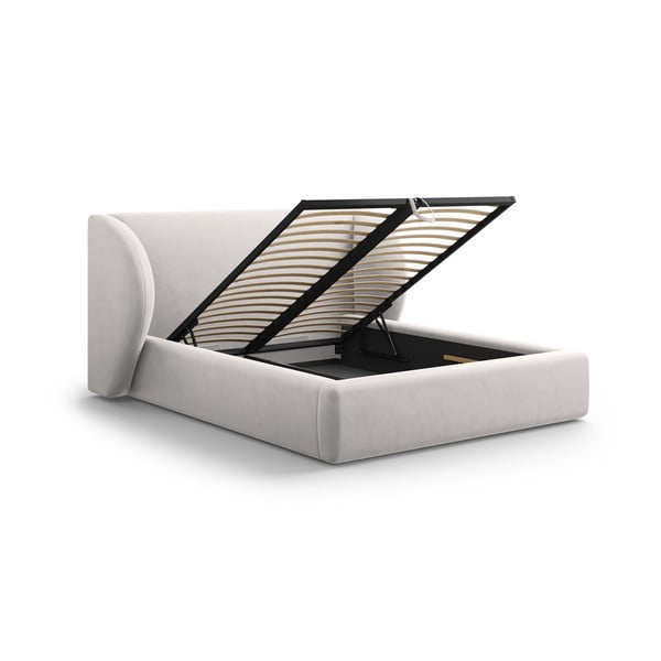 Gaiši pelēka mīksta divvietīga gulta ar uzglabāšanas vietu un režģi 160x200 cm Miley – Micadoni Home-image-3