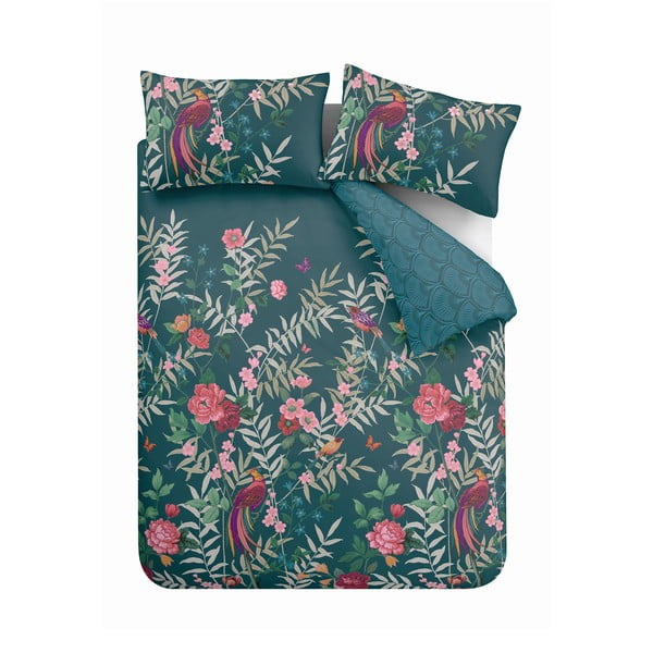 Zaļa gultas veļa divvietīgai gultai 200x200 cm Tropical Floral Birds – Catherine Lansfield