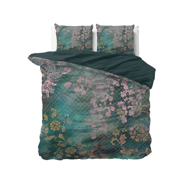 Zaļa kokvilnas divvietīga gultasveļa Pure Cotton Tiran Flower, 200 x 200 cm