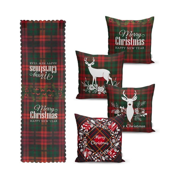 4 Ziemassvētku spilvendrānu un galdauta komplekts Minimalist Cushion Covers Tartan Christmas