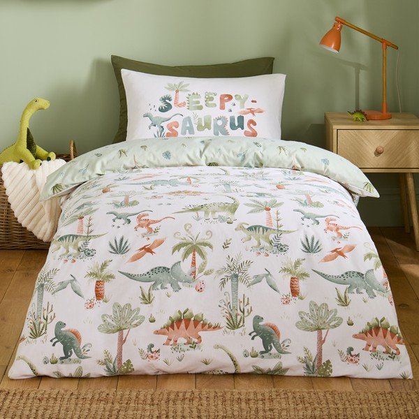 Krēmkrāsas vienguļamā flaneļa bērnu gultas veļa 135x200 cm Brushed Sleepy Saurus Dino – Catherine Lansfield-image-1