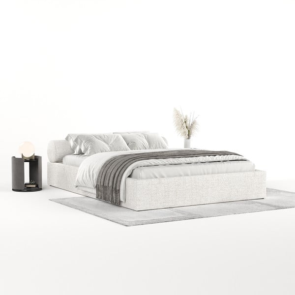 Krēmkrāsas polsterēta divvietīga gulta ar veļas kasti un redelēm 200x200 cm Solvo – Maison de Rêve-image-2