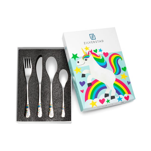 Sudraba krāsas nerūsējošā tērauda bērnu galda piederumi (4 gab.) Unicorn – Zilverstad