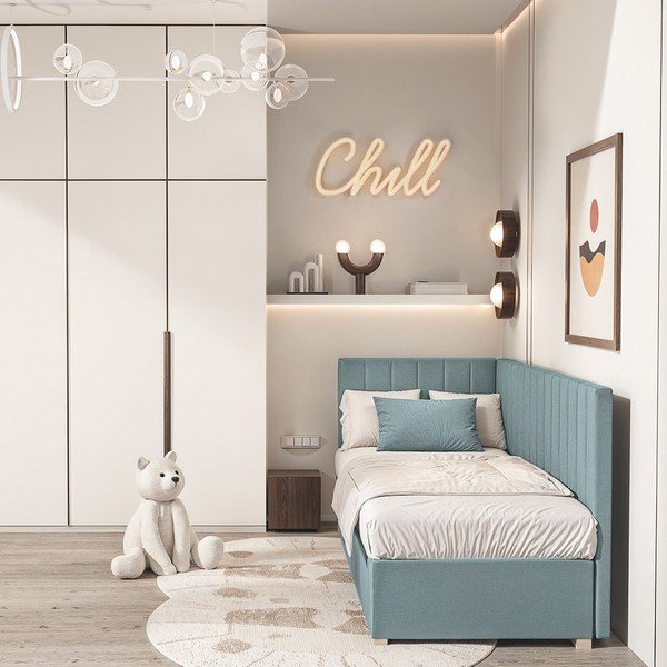 Zila stūra bērnu gulta ar veļas kasti ar matraci 90x200 cm Snugi – Ghado-image-1