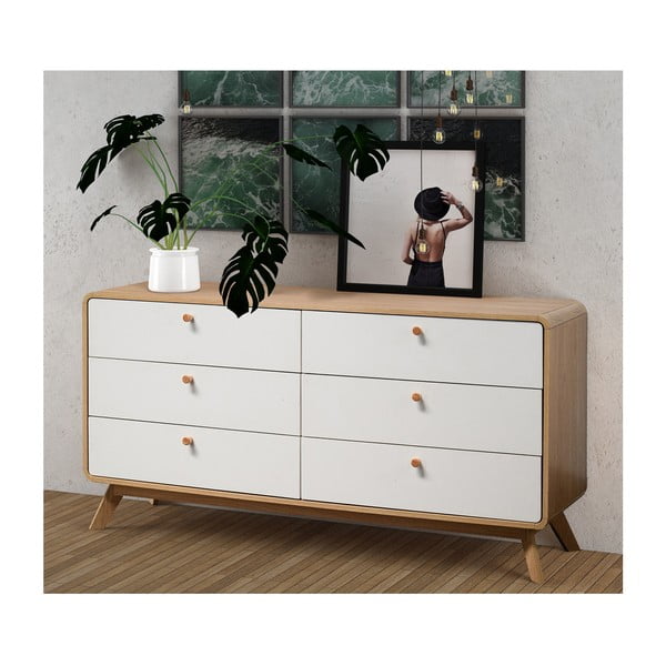 Balta/dabīga toņa zema kumode ar ozolkoka imitāciju 150x74 cm Caitlin – Støraa-image-1
