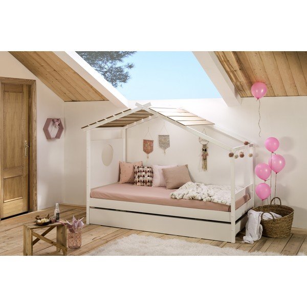 Balta bērnu gulta ar jumtiņu un izvelkamu atvilktni Marckeric Nayah, 90 x 190 cm-image-3