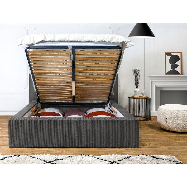 Tumši pelēka polsterēta divvietīga gulta ar veļas kasti ar redelēm 160x200 cm Nihad – Bobochic Paris-image-4
