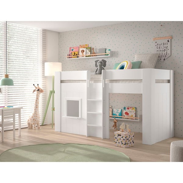 Balta priedes masīvkoka paaugstināta bērnu gulta 90x200 cm RENO – Vipack-image-2