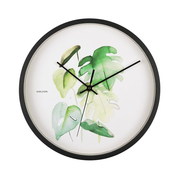 Zaļš un balts sienas pulkstenis melnā rāmī Karlsson Monstera, ø 26 cm