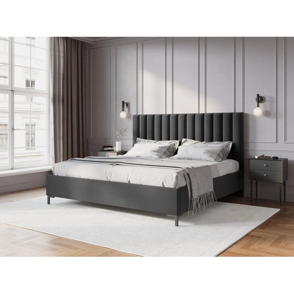 Tumši pelēka polsterēta divvietīga gulta ar veļas kasti un redelēm 160x200 cm Casey – Mazzini Beds-image-1