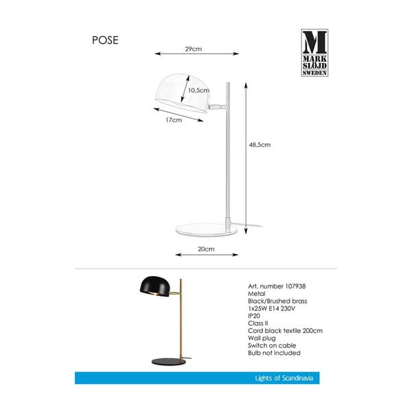 Melna galda lampa ar vara krāsas statīvu Markslöjd Pose-image-2