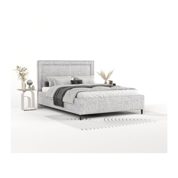 Gaiši pelēka polsterēta divvietīga gulta ar veļas kasti un redelēm 180x200 cm Baleine – Maison de Rêve-image-1