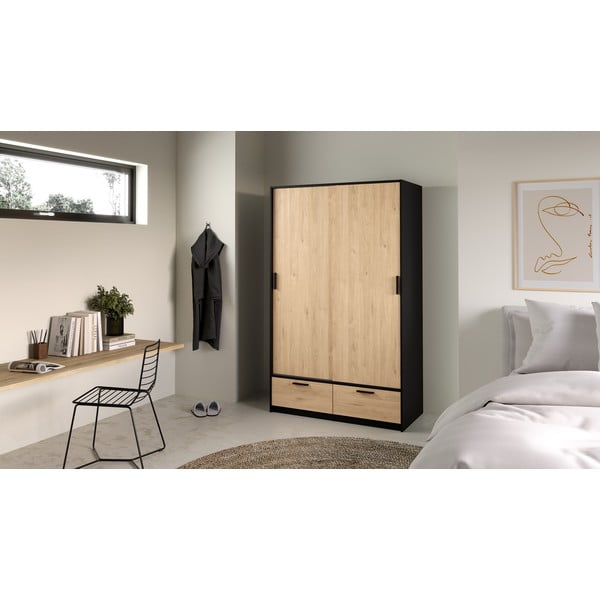 Melns/dabīga toņa drēbju skapis ar ozolkoka imitāciju ar bīdāmām durvīm 121x200 cm Line – Tvilum-image-4