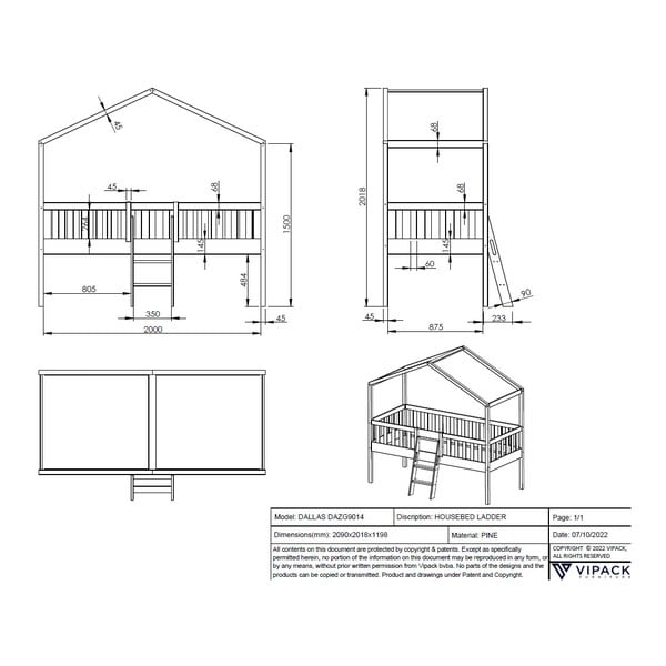Balta priedes masīvkoka bērnu gulta mājas formā/paaugstināta 90x200 cm DALLAS – Vipack-image-3