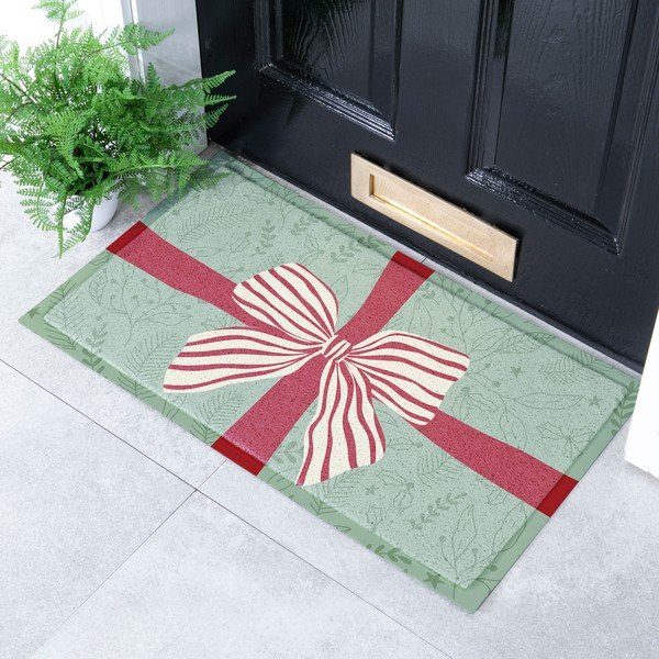 Pārstrādātas plastmasas kājslauķis ar Ziemassvētku motīvu 40x70 cm Red & White Stripe Bow – Artsy Doormats-image-1