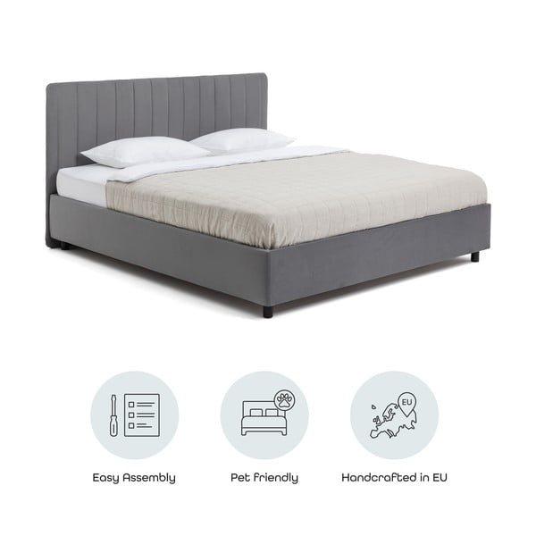 Pelēka polsterēta divvietīga gulta ar veļas kasti un redelēm 180x200 cm Myra Slim Line – Bonami Selection-image-4