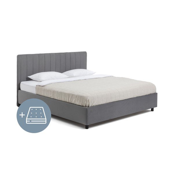 Pelēka polsterēta divvietīga gulta ar veļas kasti ar matraci un redelēm 160x200 cm Myra Slim Line – Bonami Selection