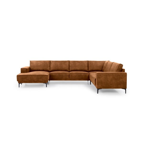Konjakbrūns stūra dīvāns no ādas imitācijas (ar kreiso stūri/U veida) Copenhagen – Scandic