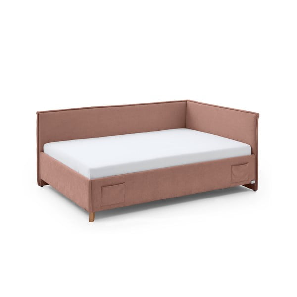 Rozā polsterēta stūra bērnu gulta ar veļas kasti ar redelēm 140x200 cm Fun – Meise Möbel