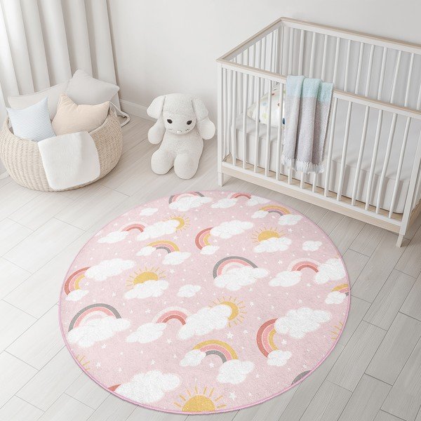 Rozā mazgājams bērnu paklājs ø100 cm Rainbow World – Mila Home-image-2