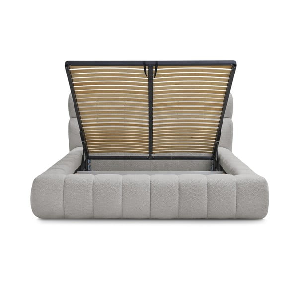 Gaiši pelēka polsterēta divvietīga gulta ar veļas kasti un redelēm 180x200 cm Mont Blanc – Bobochic Paris-image-3