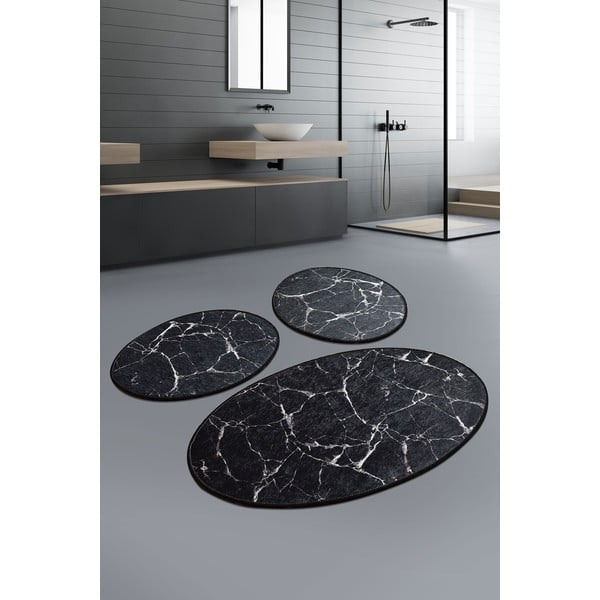 3 melnu ovālu vannas paklājiņu komplekts Foutastic Marble