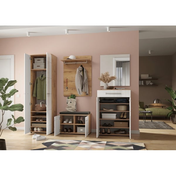 Balts dabīga toņa apavu plaukts ar ozolkoka imitāciju Aledo – Germania-image-4