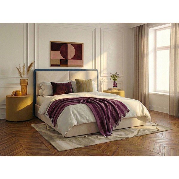Zila/bēša polsterēta divvietīga gulta ar veļas kasti ar redelēm 180x200 cm Mara – Bobochic Paris-image-1