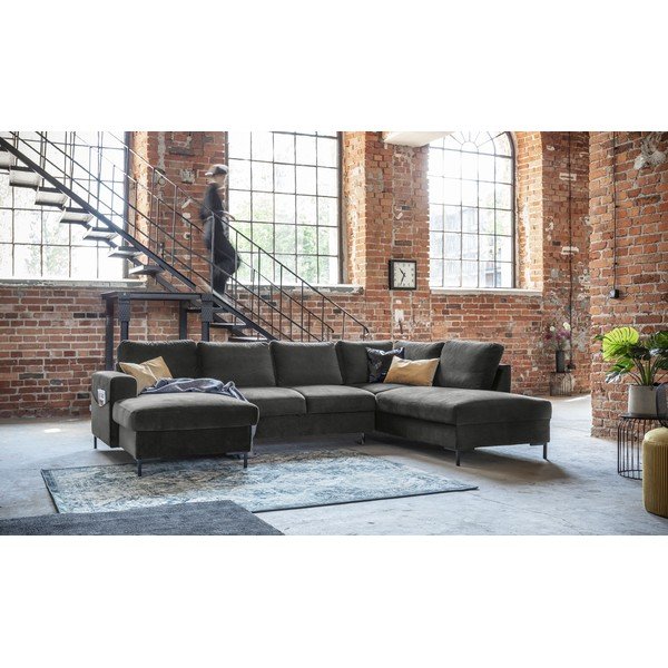 Tumši pelēks samta U-veida izlaižams dīvāns Miuform Lofty Lilly, labais stūris-image-4