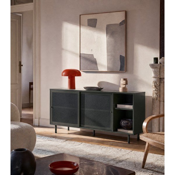 Tumši zaļa metāla zema kumode ar bīdāmām durvīm 160x75 cm Veep – Unique Furniture-image-1
