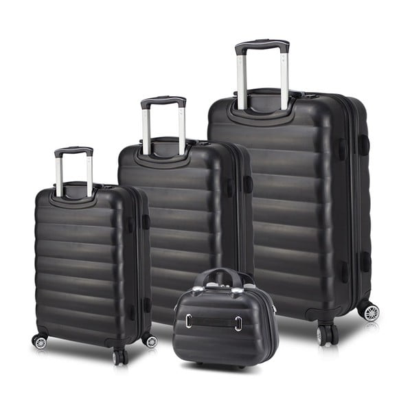 3 melnu ceļojuma koferu komplekts uz riteņiem ar USB pieslēgvietām un rokas somu My Valice RESSO Travel Set