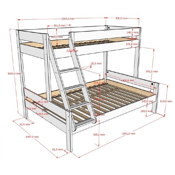 Balta divstāvu bērnu gulta ar redelēm 140x200/90x200 cm Primo – Vipack-image-2
