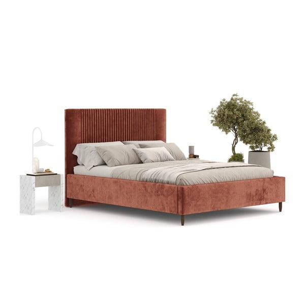 Ķieģeļu sarkana polsterēta divvietīga gulta ar veļas kasti ar redelēm 180x200 cm Etero – Maison de Rêve-image-2