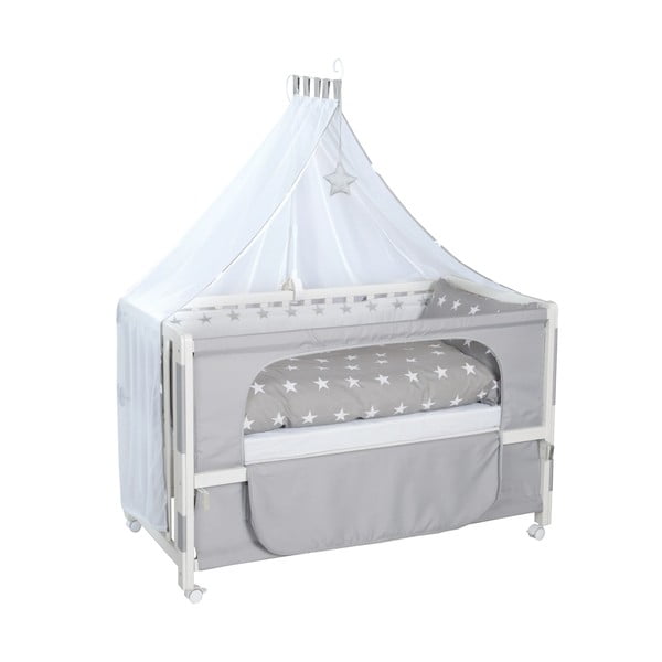 Balta bērnu gultiņa ar riteņiem/ar baldahīnu 60x120 cm Little stars – Roba