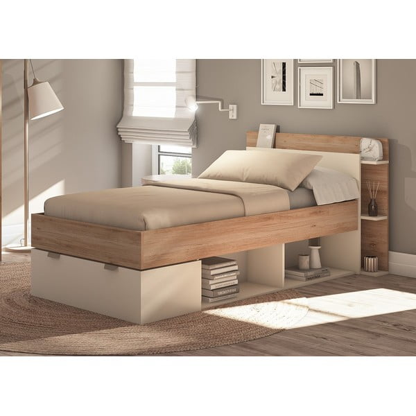 Balta/dabīga toņa vienvietīga gulta ar ozolkoka imitāciju un veļas kasti bez režģa 90x200 cm Albo – Marckeric-image-1