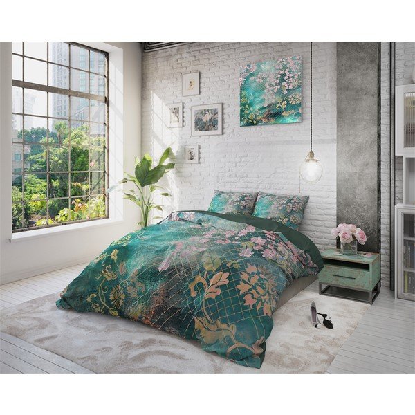 Zaļa kokvilnas divvietīga gultasveļa Pure Cotton Tiran Flower, 240 x 200 cm-image-1
