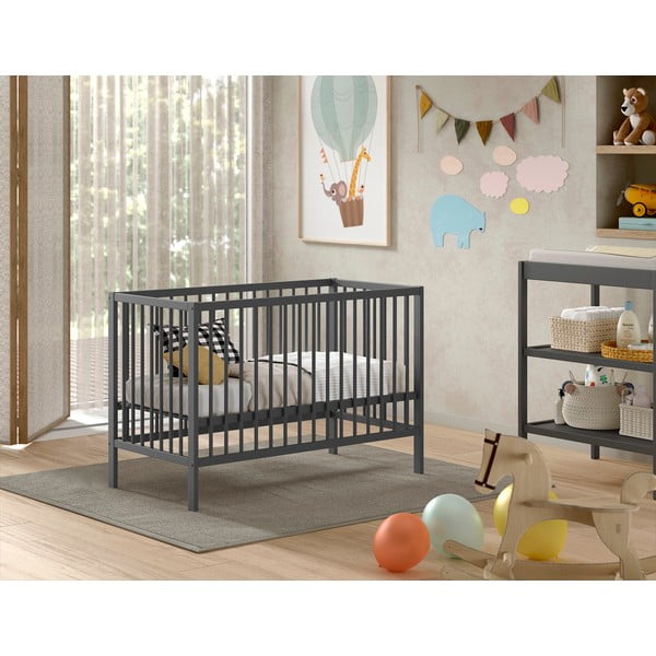 Antracīta pelēka priedes masīvkoka bērnu gultiņa 60x120 cm DINO – Vipack-image-1