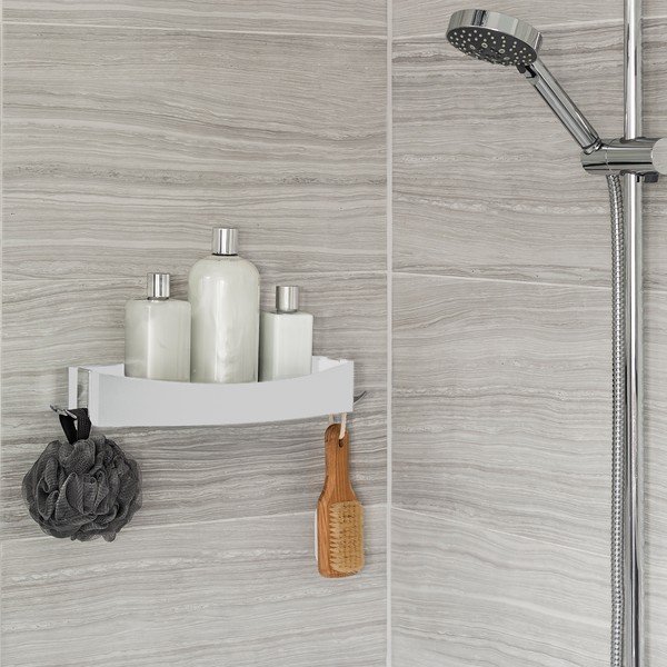 Balts pie sienas montējams pašturošs plaukts Compactor Clever Flip Shower Shelf-image-1