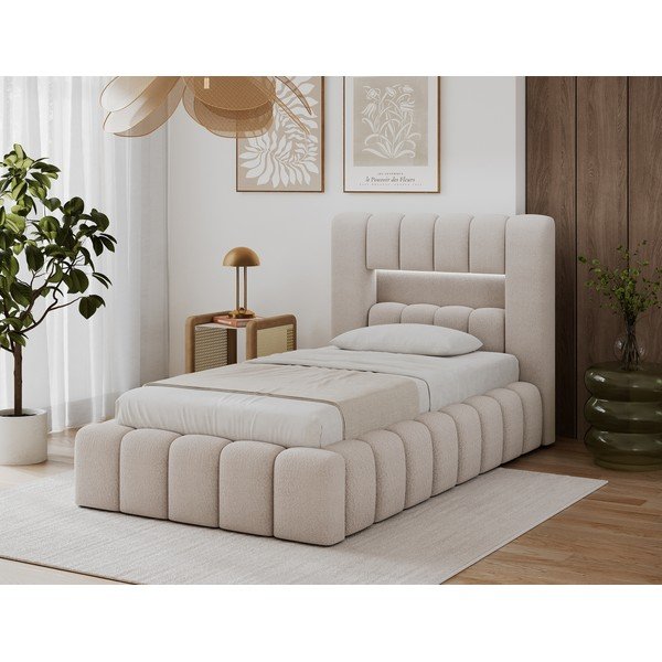 Bēša polsterēta vienvietīga gulta ar veļas kasti ar redelēm 90x200 cm Lamica – ELTAP-image-1