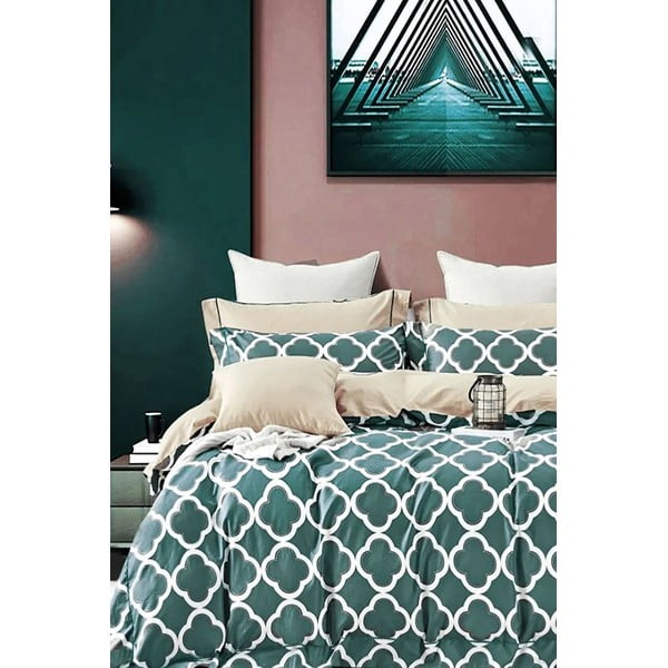 Zaļa/bēša divguļamā kokvilnas gultas veļa ar palagu 200x220 cm Geometric – Mila Home