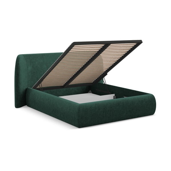 Tumši zaļa polsterēta divvietīga gulta ar veļas kasti un redelēm 180x200 cm Hauke – Makamii-image-2