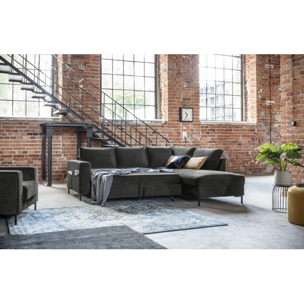 Tumši pelēks samta salokāms stūra dīvāns (ar labo stūri) Lofty Lilly – Miuform-image-1