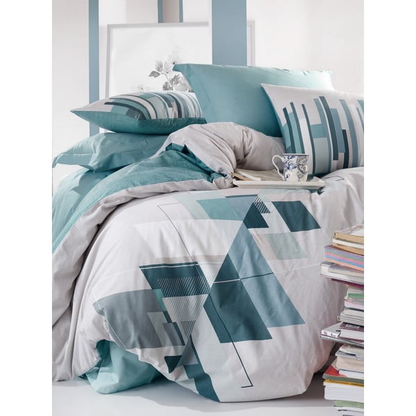 Balta/zila pagarinātā kokvilnas gultas veļa divguļamai gultai ar palagu un segas pārvalku 240x260 cm – Mijolnir